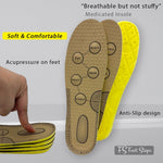 Medicated insole with acupressure design and text highlighting features on a gray background.