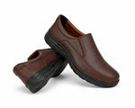 A pair of dark brown slip-on work shoes with black soles, displayed on a clean white background.
